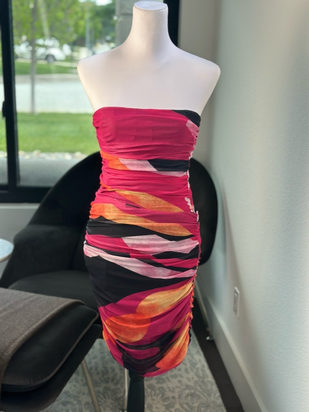 House of CB Strapless Pink, Orange & Black Ruched Bodycon Dress